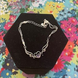 Silver Heart Wing Bracelet with Purple Gemstone
